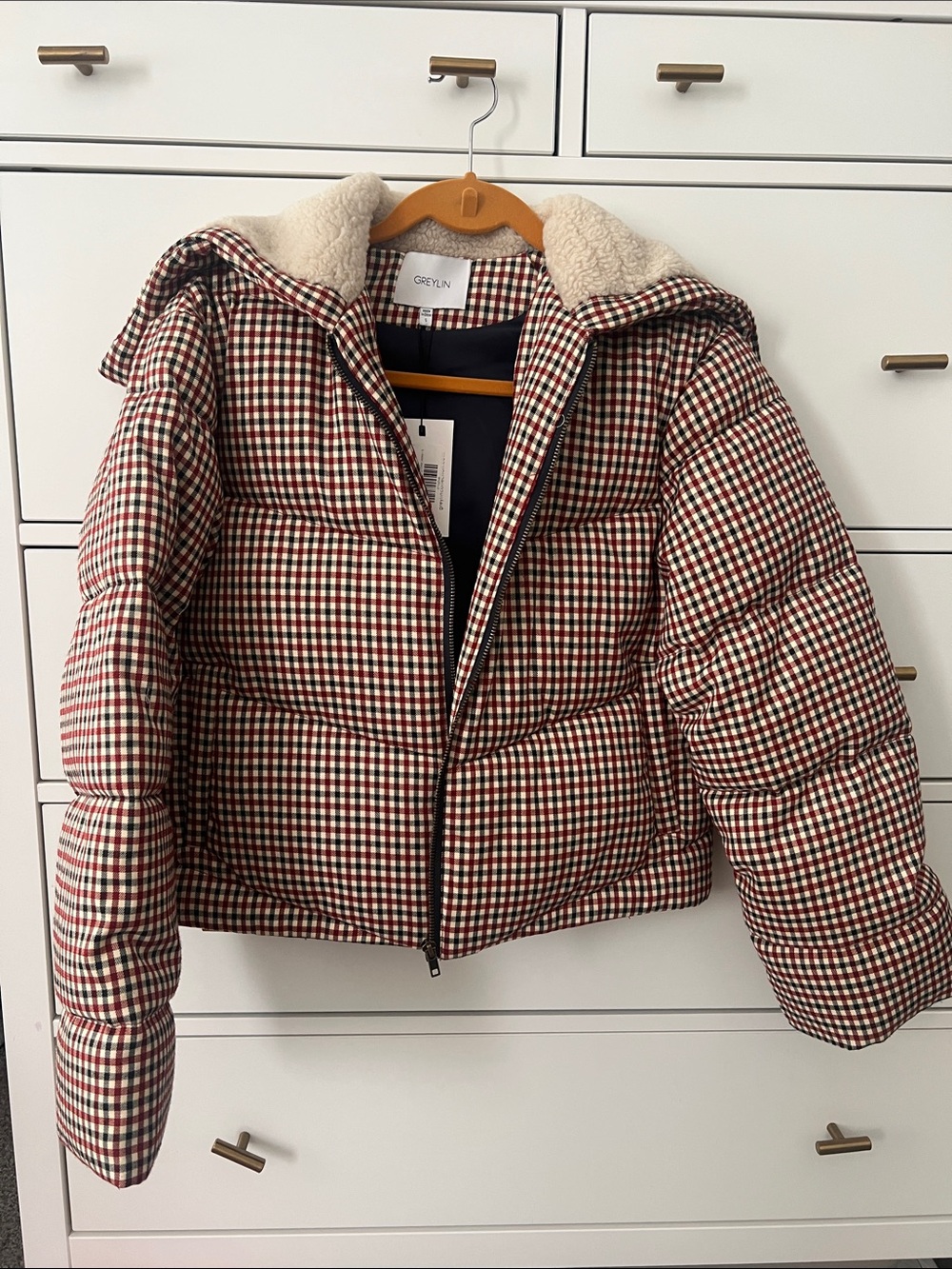 Greylin Red Black White Gingham Sherpa-Trim Puffer Jacket